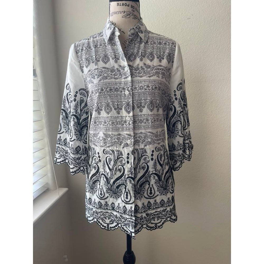 Chicos White Black Paisley Cotton Button Down Tunic Scalloped Hem Top Size 0 S
